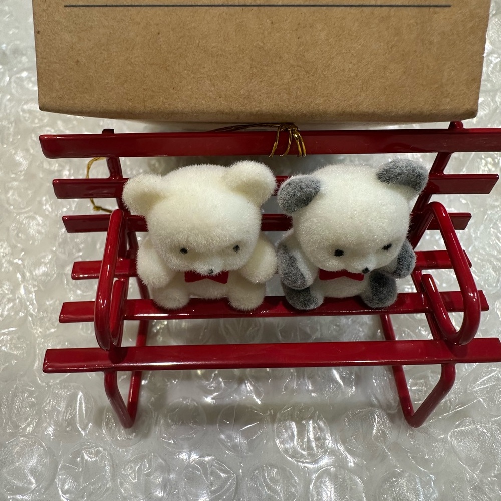 Avon Teddy Bear Collection Ornaments on bench with Red Bows - Picture 15 of 16